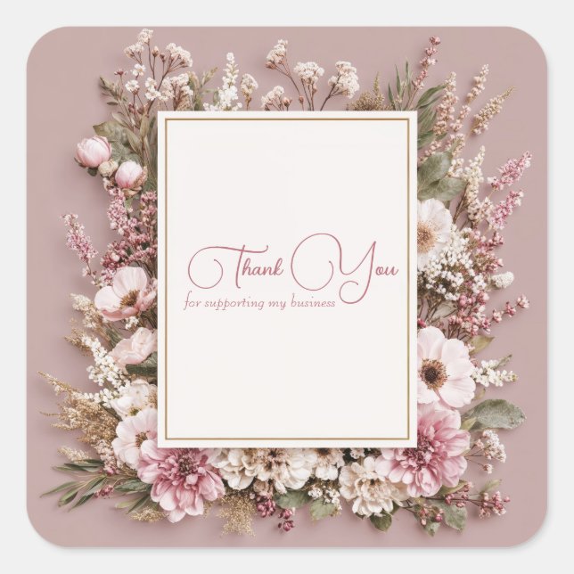 Elegant Dusty Pink Rustic Floral Gold Frame Square Sticker (Front)