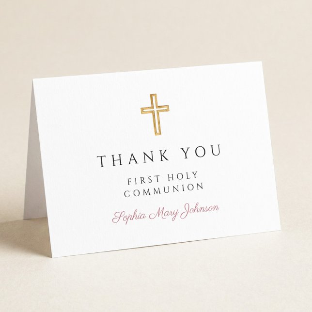 Elegant Dusty Pink Script First Communion  Letterpress Thank You Card (Creator Uploaded)