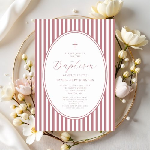 Elegant Dusty Pink Script Girl Baptism Invitation