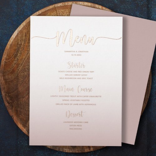 Elegant Dusty Pink Simple Wedding Dinner Menu Foil Invitation