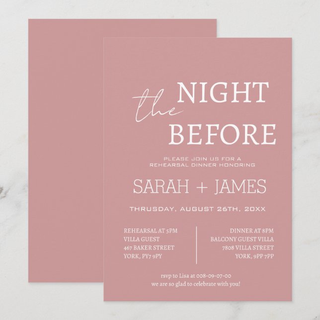 Elegant Dusty Pink the Night Before Dinner Wedding Invitation (Front/Back)