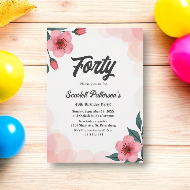 Elegant Dusty Pink Watercolor Floral 40th Birthday Invitation (Creator Uploaded)