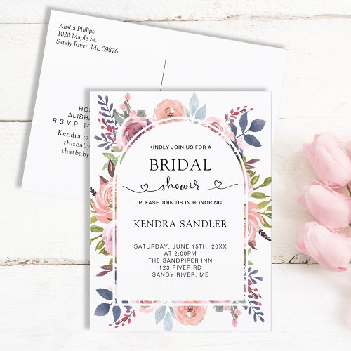 Elegant Dusty Pink Watercolor Floral Bridal Shower Invitation Postcard