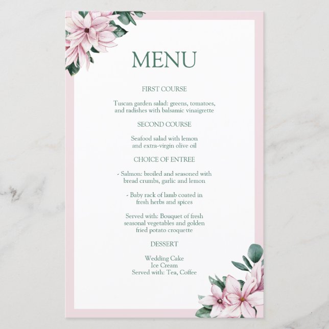 Elegant Dusty Pink Watercolor Magnolia Menu (Front)