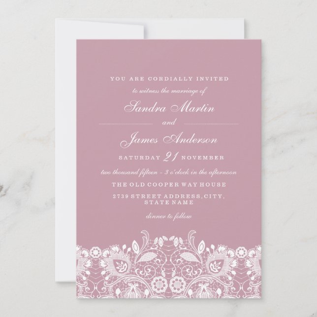 Elegant Dusty Pink White Lace Wedding Invite (Front)