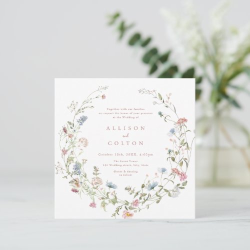 Elegant Dusty Pink Wildflower Rustic Boho Wedding Invitation