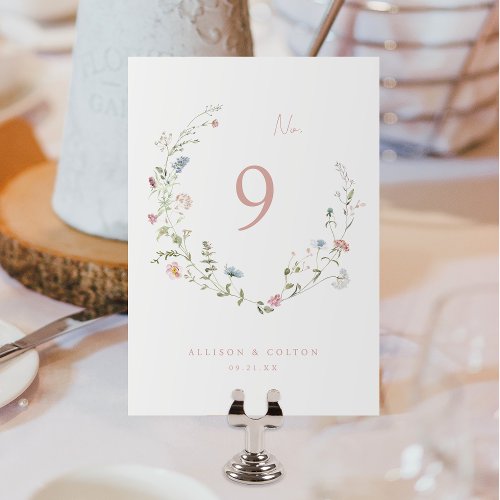 Elegant Dusty Pink Wildflower Rustic Boho Wedding Table Number