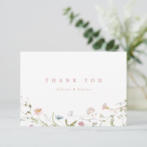 Elegant Dusty Pink Wildflower Rustic Boho Wedding Thank You Card