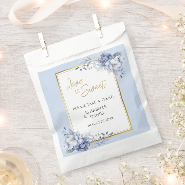 Elegant Dusty Powder Blue and Gold Floral Wedding Favor Bag (Clipped)