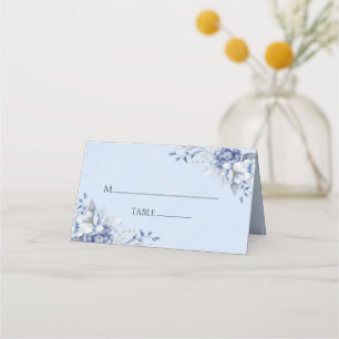 Elegant Dusty Powder Blue and Gold Floral Wedding  Place Card