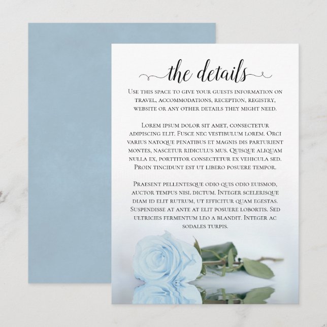 Elegant Dusty Powder Blue Rose Wedding Details Enclosure Card (Front/Back)