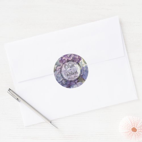 Elegant dusty purple blue watercolor hydrangeas  classic round sticker