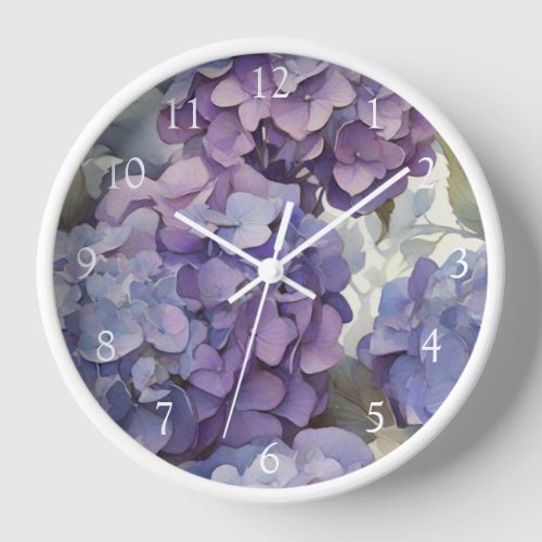 Elegant dusty purple blue watercolor hydrangeas  clock