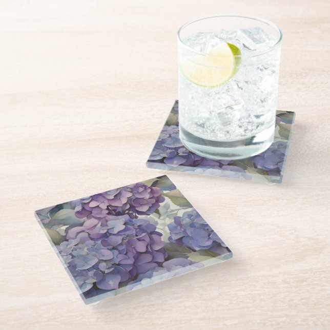 Elegant dusty purple blue watercolor hydrangeas  glass coaster (Angled)