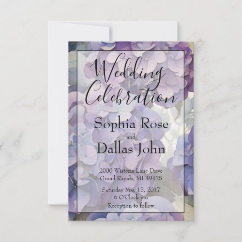 Elegant dusty purple blue watercolor hydrangeas  invitation