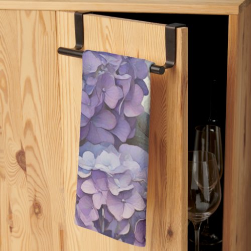 Elegant dusty purple blue watercolor hydrangeas  kitchen towel