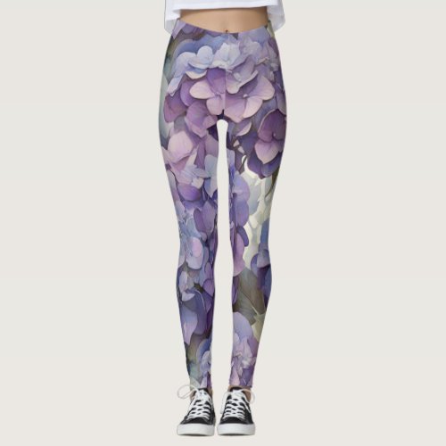 Elegant dusty purple blue watercolor hydrangeas  leggings