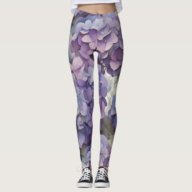 Elegant dusty purple blue watercolor hydrangeas  leggings (Front)