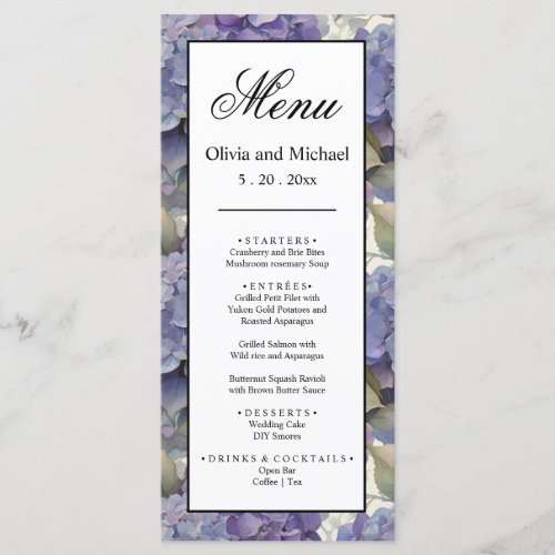 Elegant dusty purple blue watercolor hydrangeas  menu