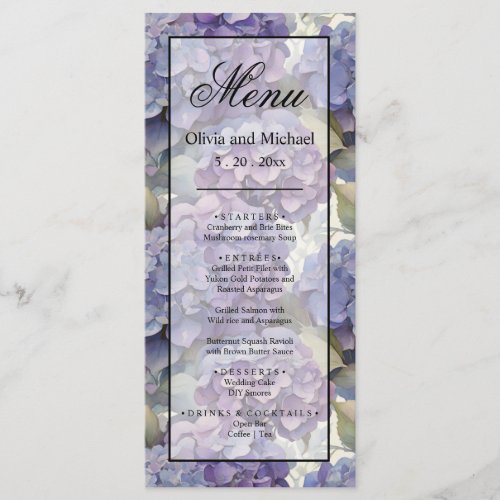 Elegant dusty purple blue watercolor hydrangeas  menu