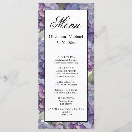 Elegant dusty purple blue watercolor hydrangeas  menu
