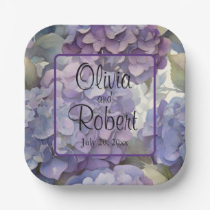 Elegant dusty purple blue watercolor hydrangeas paper plates