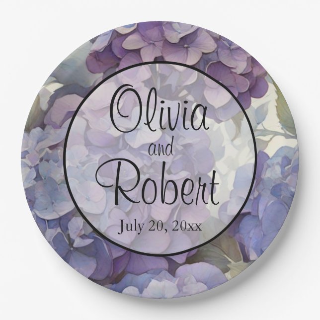 Elegant dusty purple blue watercolor hydrangeas  paper plates (Front)