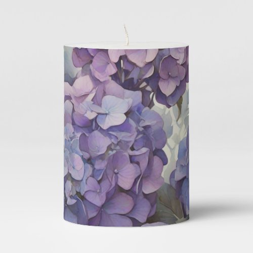 Elegant dusty purple blue watercolor hydrangeas  pillar candle