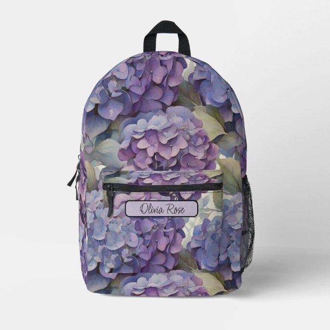 Elegant dusty purple blue watercolor hydrangeas  printed backpack (Front)