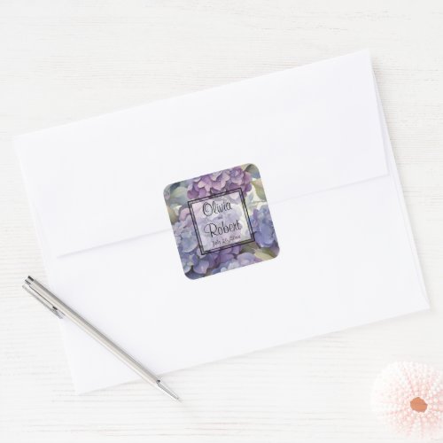 Elegant dusty purple blue watercolor hydrangeas  square sticker