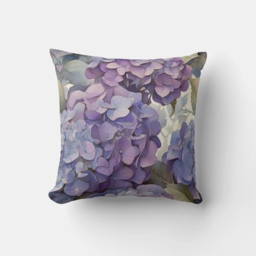 Elegant dusty purple blue watercolor hydrangeas  throw pillow