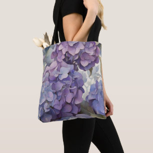Elegant dusty purple blue watercolor hydrangeas tote bag