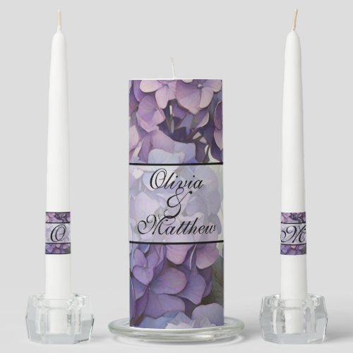 Elegant dusty purple blue watercolor hydrangeas  unity candle set