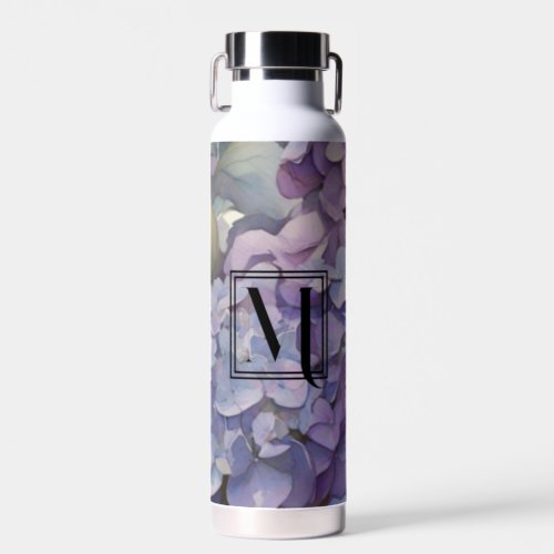 Elegant dusty purple blue watercolor hydrangeas  water bottle