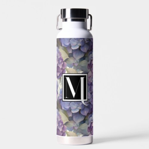 Elegant dusty purple blue watercolor hydrangeas  water bottle