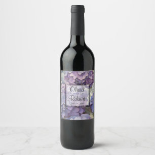 Elegant dusty purple blue watercolor hydrangeas wine label