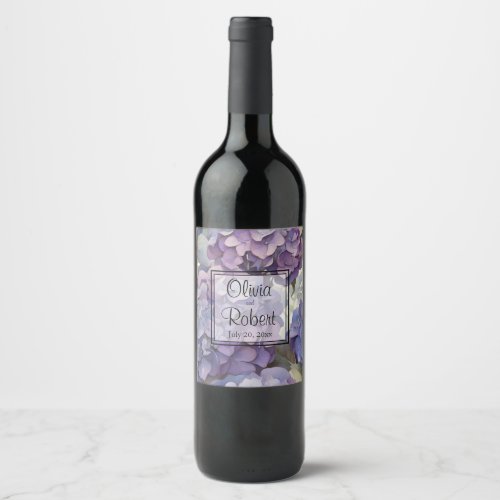 Elegant dusty purple blue watercolor hydrangeas  wine label