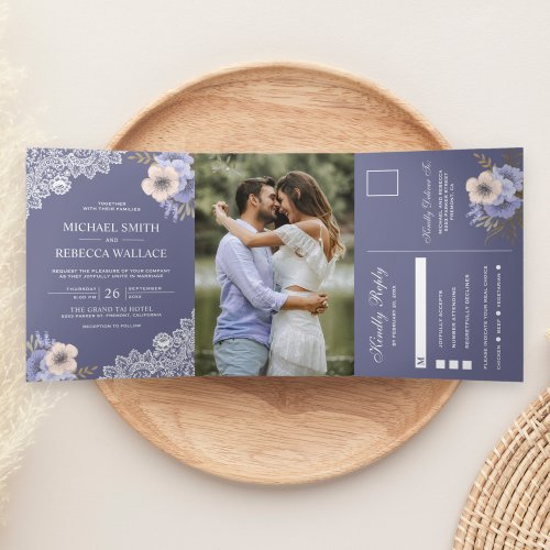 Elegant Dusty Purple Floral Lace Wedding Photo Tri_Fold Invitation