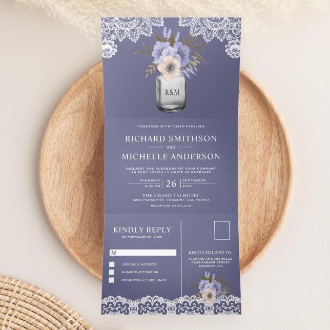 Elegant Dusty Purple Floral Mason Jar Lace Wedding Tri-Fold Invitation (Creator Uploaded)