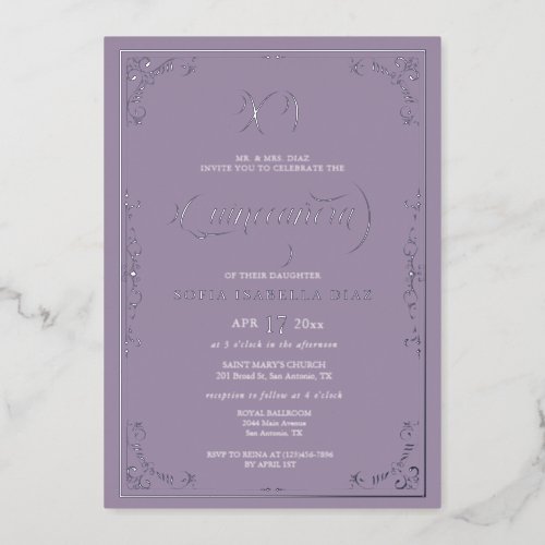 Elegant Dusty Purple Lavender Quinceaera Silver  Foil Invitation