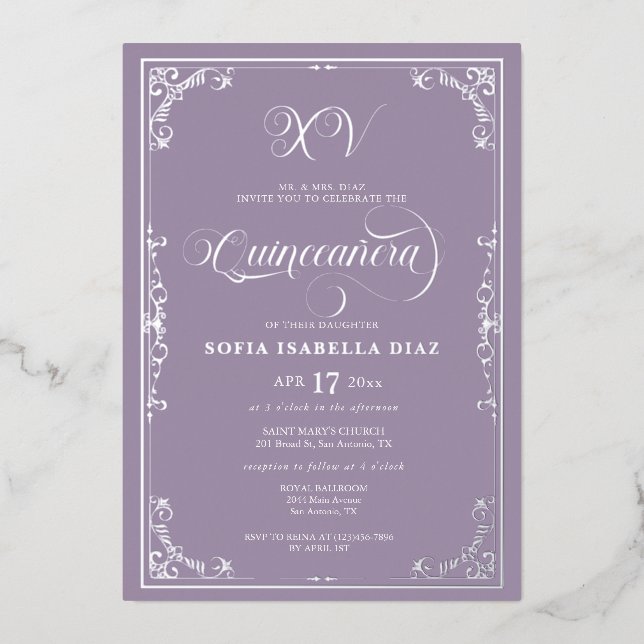 Elegant Dusty Purple Lavender Quinceañera Silver  Foil Invitation (Front)