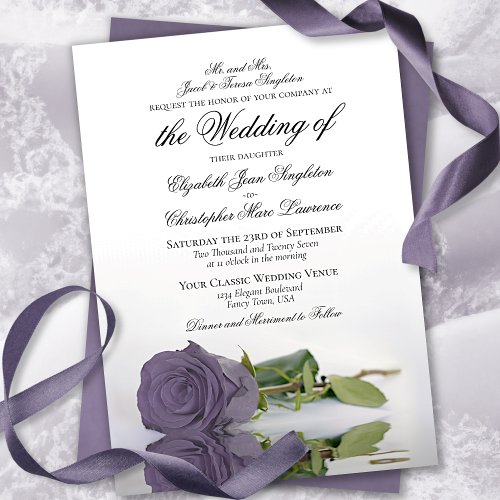 Elegant Dusty Purple Lavender Rose Formal Wedding Invitation