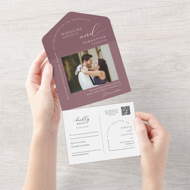 Elegant Dusty Purple Minimal Arch QR Code Photo All In One Invitation (Tearaway)