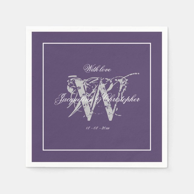 Elegant Dusty Purple Monogram Names Wedding Paper Napkins (Front)