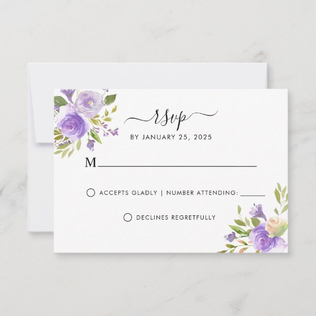 Elegant Dusty Purple Plum Greenery Floral Wedding RSVP Card (Front)