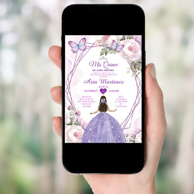 Elegant Dusty Purple Princess Butterfly Mis Quince Invitation (Front Digital)