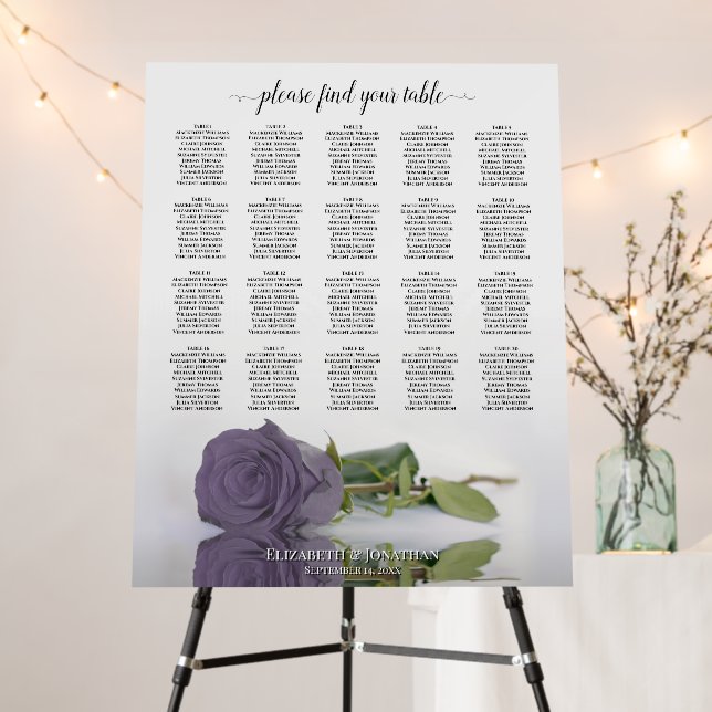 Elegant Dusty Purple Rose 20 Table Seating Chart Foam Board (In Situ (Stand))