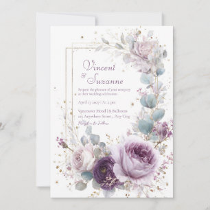 Elegant Dusty Purple Rose Eucalyptus Gold Glitter Invitation