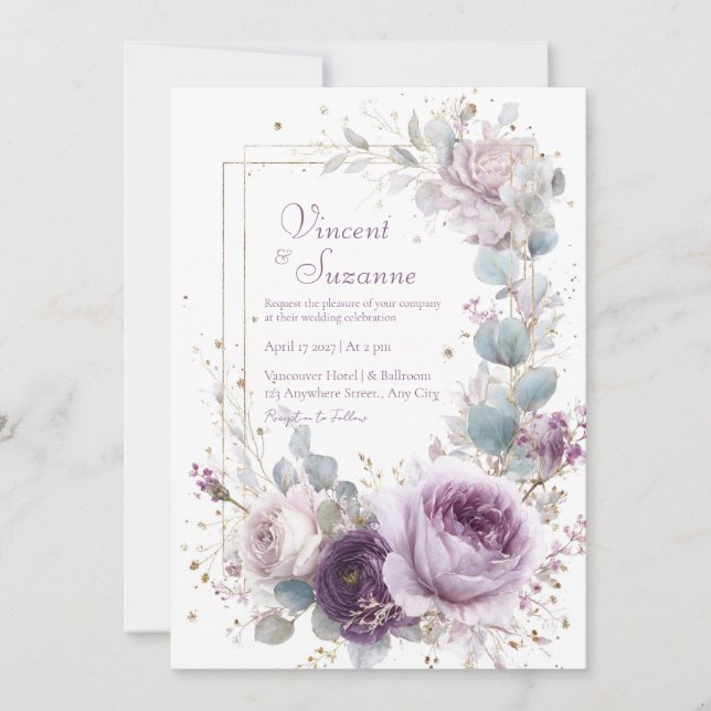 Elegant Dusty Purple Rose Eucalyptus Gold Glitter Invitation (Front)