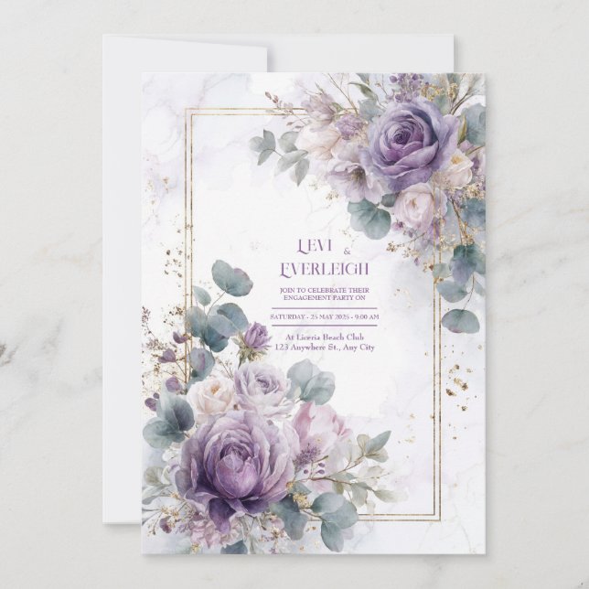 Elegant Dusty Purple Rose Eucalyptus Gold Marble Invitation (Front)